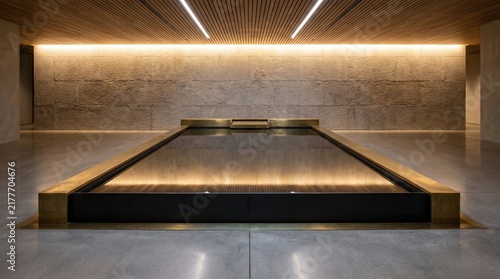 Minimalist Interior Reflecting Water Pool with Brass Trim and Textured Stone Wall
