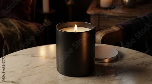 Lit Matte Black Scented Candle in Glass Jar Resting on Marble Side Table
