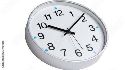 Isolated modern round wall clock with silver frame showing ten minutes past ten o'clock