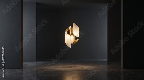 Modern Brass and Frosted Glass Pendant Light Fixture in Dark Minimalist Room
