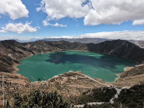 Quilotoa Crater Lake Panorama in the Ecuadorian Andes Under Dramatic Cloudy Sky