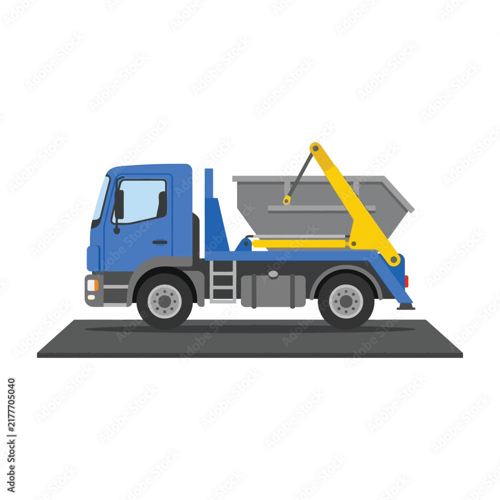 Naklejka premium Flat vector illustration of a blue skip loader truck for waste management and construction debris removal