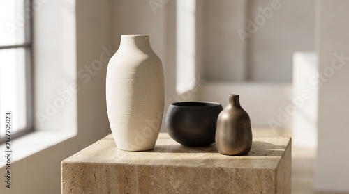 Three Ceramic Vases in Cream Black and Bronze Resting on Travertine Stone Pedestal
