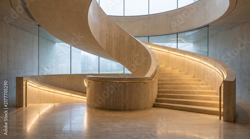 Architectural Interior of Minimalist Concrete Spiral Staircase with Recessed LED Lighting
