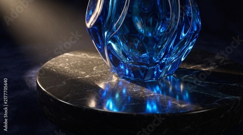Sculptural Blue Glass Vase Resting on Round Black Marble Base under Dramatic Light
