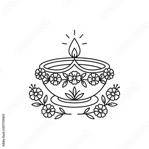 Line art vector illustration of diwali diya with marigold flowers, isolated on white