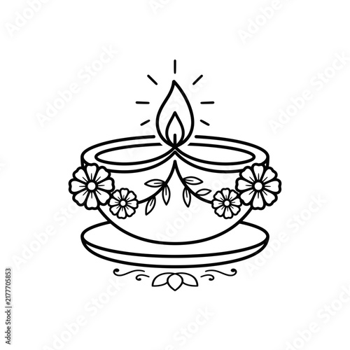 Line art vector illustration of diwali diya with marigold flowers, isolated on white