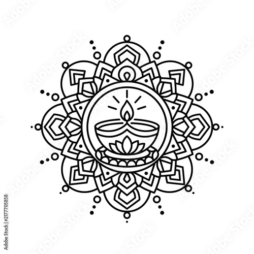 Vector line art illustration of diwali diya and rangoli, isolated on white