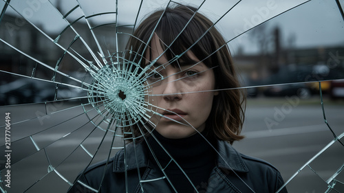 Shattered glass portrait of a young woman, broken mirror effect with cracks, cinematic moody aesthetic for mental health concepts