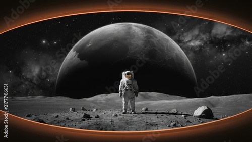 Vintage astronaut on lunar surface, monochrome space exploration scene. Retro moon landing photography, cinematic cosmic landscape with planet.