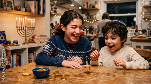 Happy Jewish children playing dreidel game with Hanukkah gelt at wooden table in a warm kitchen for Hanukkah family traditions  Jewish holiday celebration  and cultural education websites.