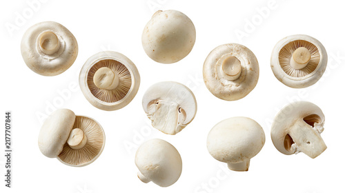 Obraz na płótnie Isolated fresh white button mushrooms collection, various angles showing whole a