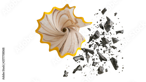 Konstfotografi Isolated yellow pencil shaving with scattered graphite fragments symbolizing creativity and art