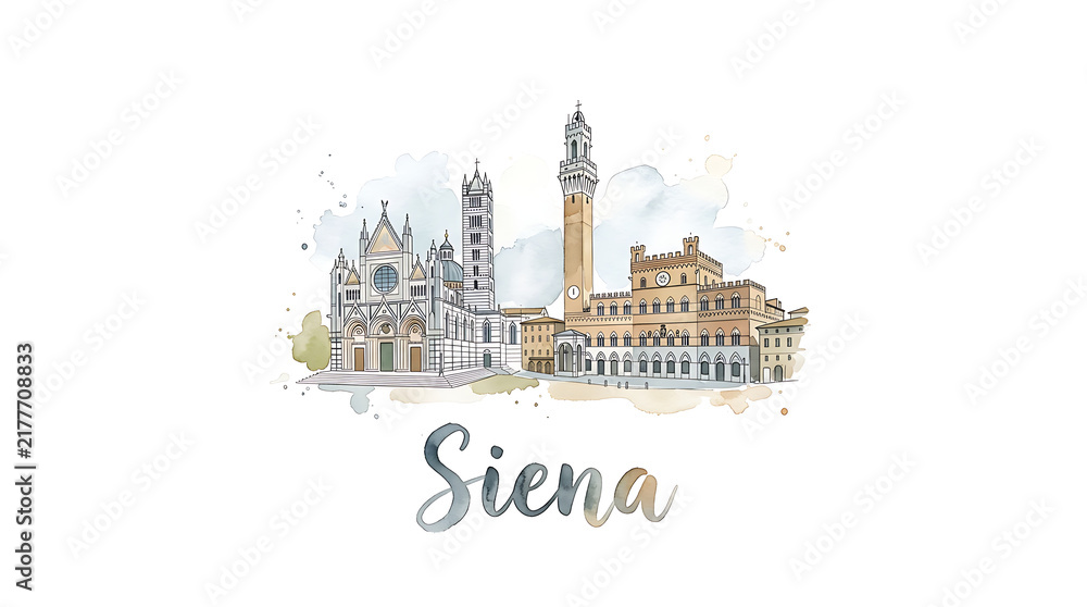 Obraz premium Elegant watercolor illustration of Siena's historic skyline featuring intricate architecture and iconic towers capturing Tuscan