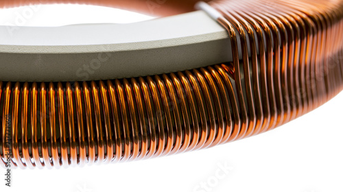 Foto Isolated close-up of shiny copper coil wound around a toroidal ferrite core elec