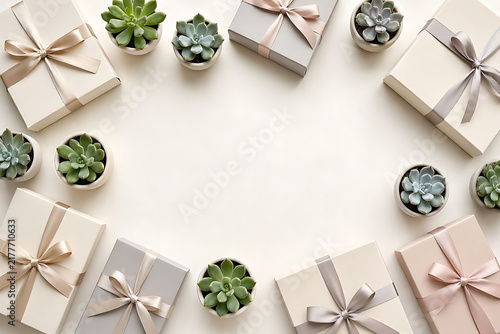 Top view of elegant square gift boxes arranged with small succulent plants on a soft cream background with central copy space for celebrations