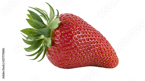 Obraz na płótnie Isolated fresh ripe red strawberry with green leaves on stem, vibrant and health