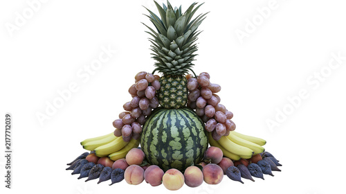 Foto Isolated decorative fruit arrangement with pineapple, watermelon, grapes, banana