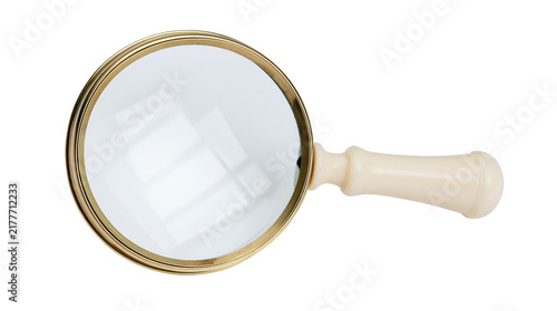 Bild auf Leinwand Isolated elegant golden magnifying glass with a beige handle and the text D (196