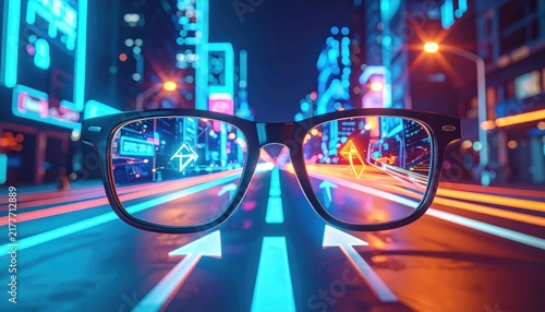 Glasses on city street at night.