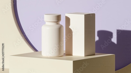 Minimal sleep support supplement packaging mockup with bottle and carton on a clean pedestal with moon shadow and lavender accents Generative AI