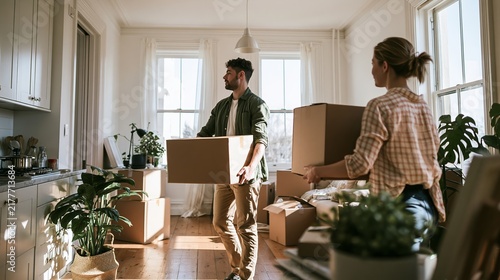 Partners unpack boxes in a bright new apartment and arrange their home together with moving day teamwork Generative AI