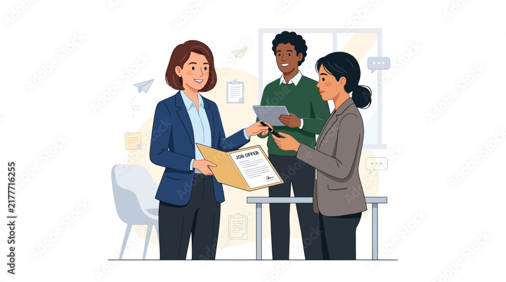 Obraz premium Business Meeting: Job Offer Acceptance, Contract Signing, and Team Collaboration