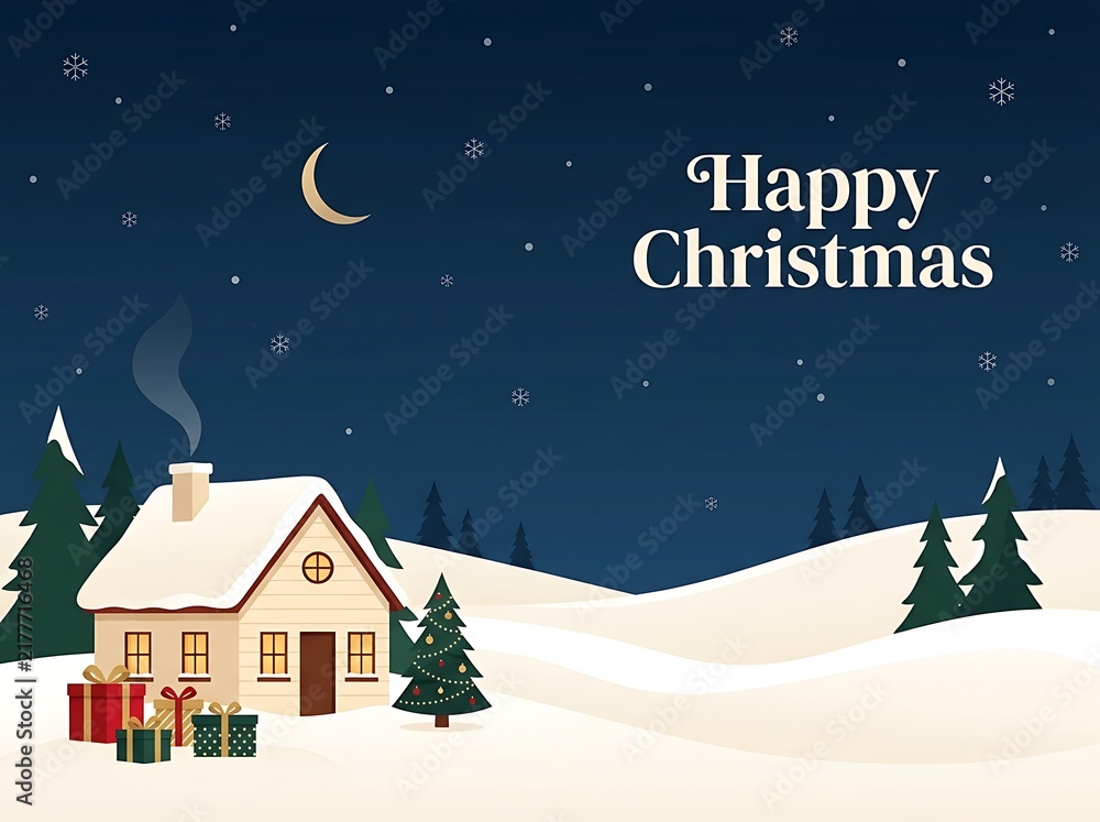 Fototapeta premium Cozy snow-covered house with gifts during a starry Christmas night
