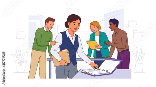 Diverse Business Team Collaborating on Project in Modern Office, Vector Illustration