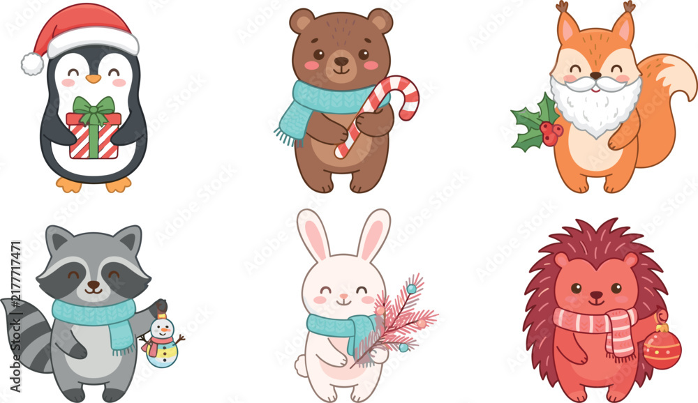 Obraz premium Cute Christmas Woodland Animals Vector Character Set Featuring Penguin Bear Squirrel Raccoon Rabbit and Hedgehog for Holiday Greeting Card and Sticker Designs