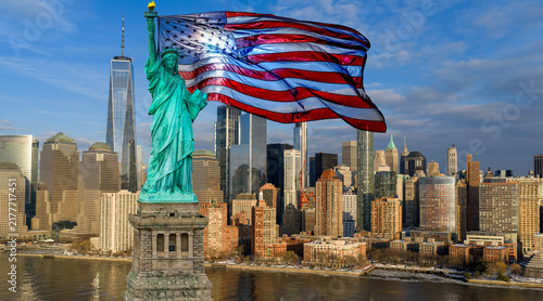 Freedom concept with Statue of Liberty. Freedom background for American patriotism. American freedom banner with flag. National freedom symbol in USA.
