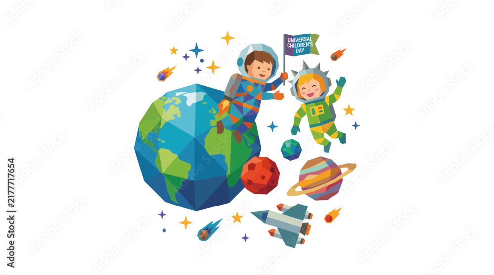 Naklejka premium Astronaut kids exploring planets and stars in geometric style