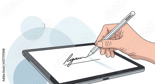 Hand signing digital document with stylus on tablet for electronic signature and legal contract agreement in modern workspace.