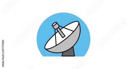 Minimalist satellite dish icon for communication and space technology, flat vector illustration of parabolic antenna on blue circular background isolated on white background.
