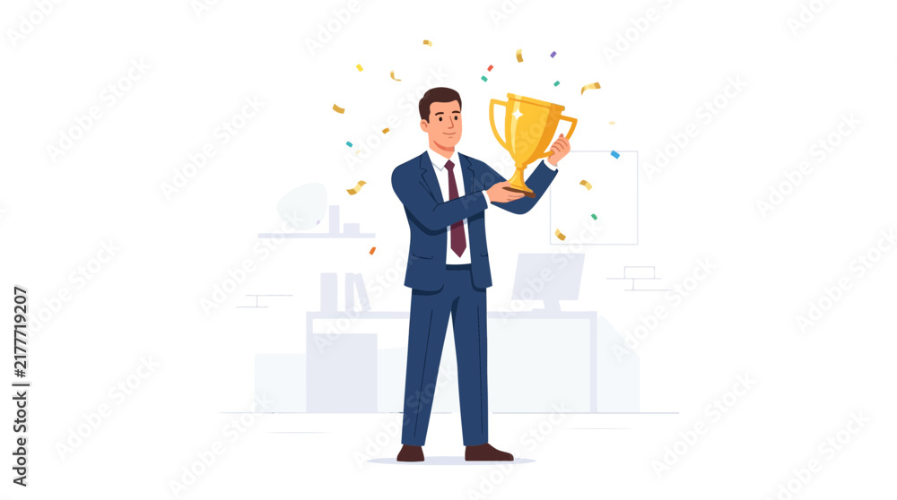 Obraz premium Successful businessman in suit holding a golden trophy with confetti falling, celebrating achievement in modern office