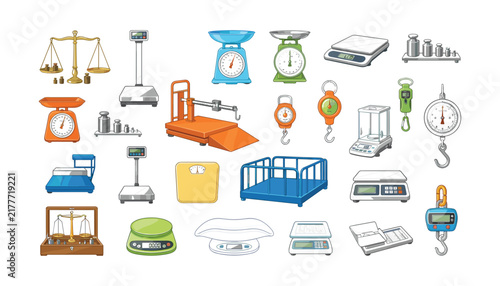 Photography Weighing scale vector set with digital kitchen bathroom mechanical platform and