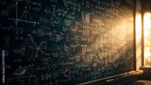 Complex mathematical equations and physics formulas written in chalk on blackboard, symbolizing advanced academic research and scientific theory