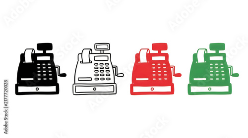 Four vintage cash registers in different colors