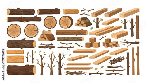 Wood lumber vector elements set with timber logs trunks planks firewood kindling and branches for industry and carpentry
