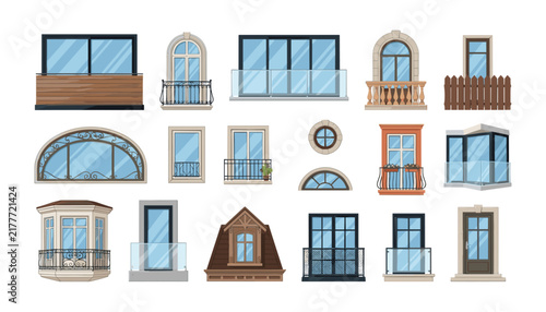 Modern and classic architectural balcony window railing glass door and dormer flat vector cartoon illustration set isolated