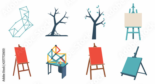 Illustration of abstract trees, geometric shapes, easels, and artists tools set against a white background with a blue.