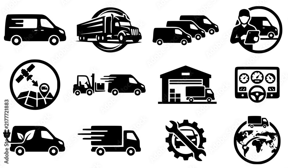 Obraz premium Logistics fleet truck van vehicle vector silhouettes emblem set commercial transport logo collection