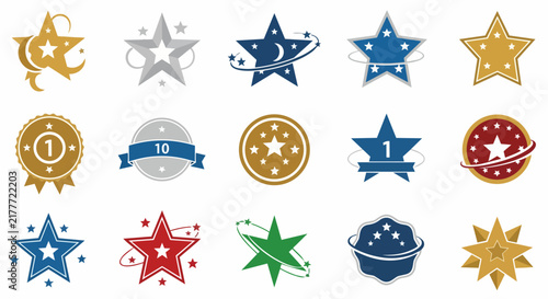 A collection of star-shaped badges and quality guarantee seals arranged in a grid, featuring blue and gold colors with.