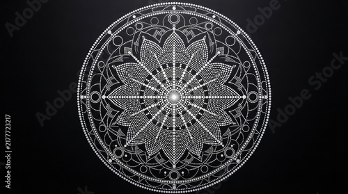 Indian mandala pattern featuring intricate white geometric lines and floral motifs on a black background ornament decorative