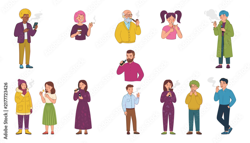 Fototapeta premium Diverse people smoking cigarettes vape electronic device and pipe vector flat illustration character set isolated on background