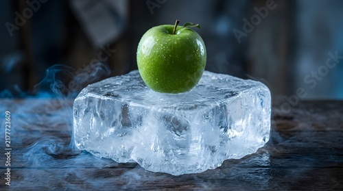 Green apple resting on a large ice block with dry ice smoke