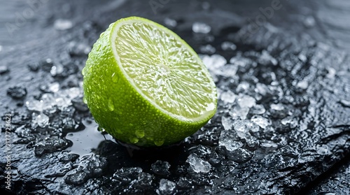 Fresh lime half on crushed ice and dark stone background
