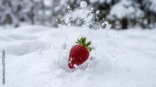 Fresh red strawberry splashing into white snow