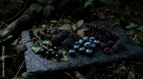 Fresh wild forest berries on a rustic stone slate