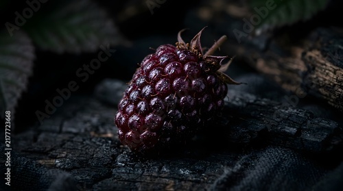 Fresh blackberry on rustic charred wood
